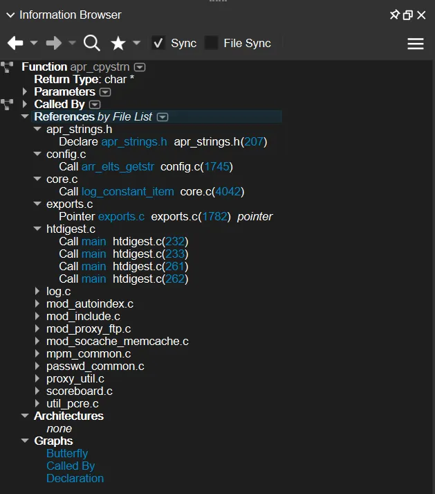 The Information Browser in Understand listing the callers and parameters of a selected function.