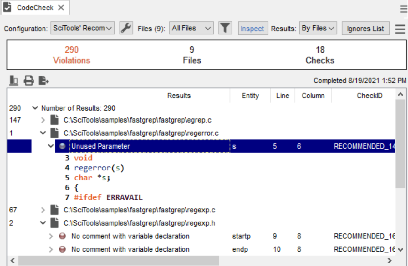 An image of Understand's CodeCheck feature being used to test legacy code