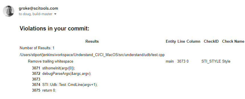 An email sent to the user identifying errors found in the codebase. Check your code after receiving these emails to resolve bugs and errors.